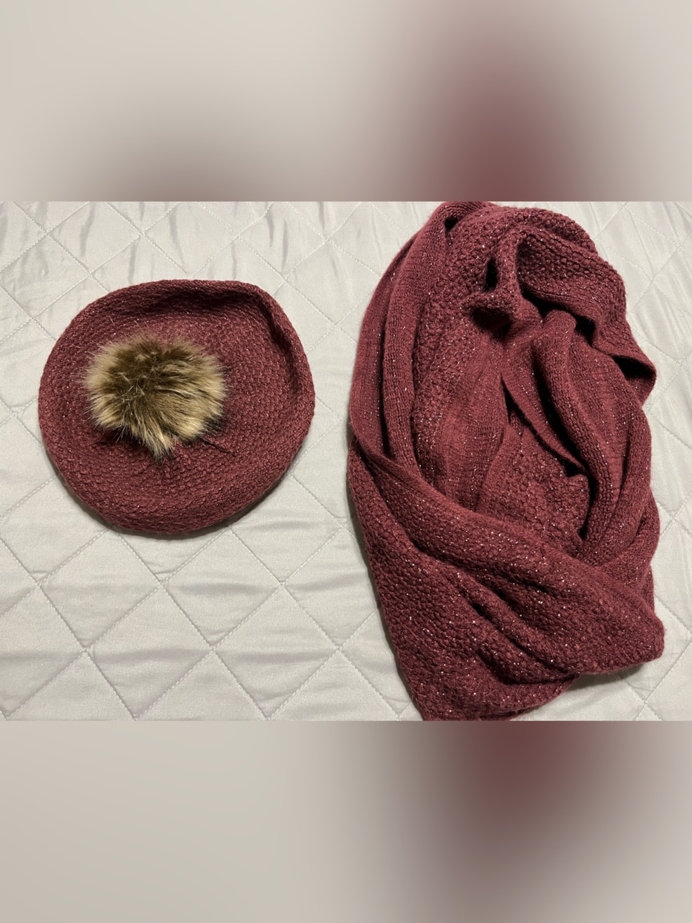 Jessica Simpson Burgundy Knit Beret with Faux Fur Pom and Matching Scarf